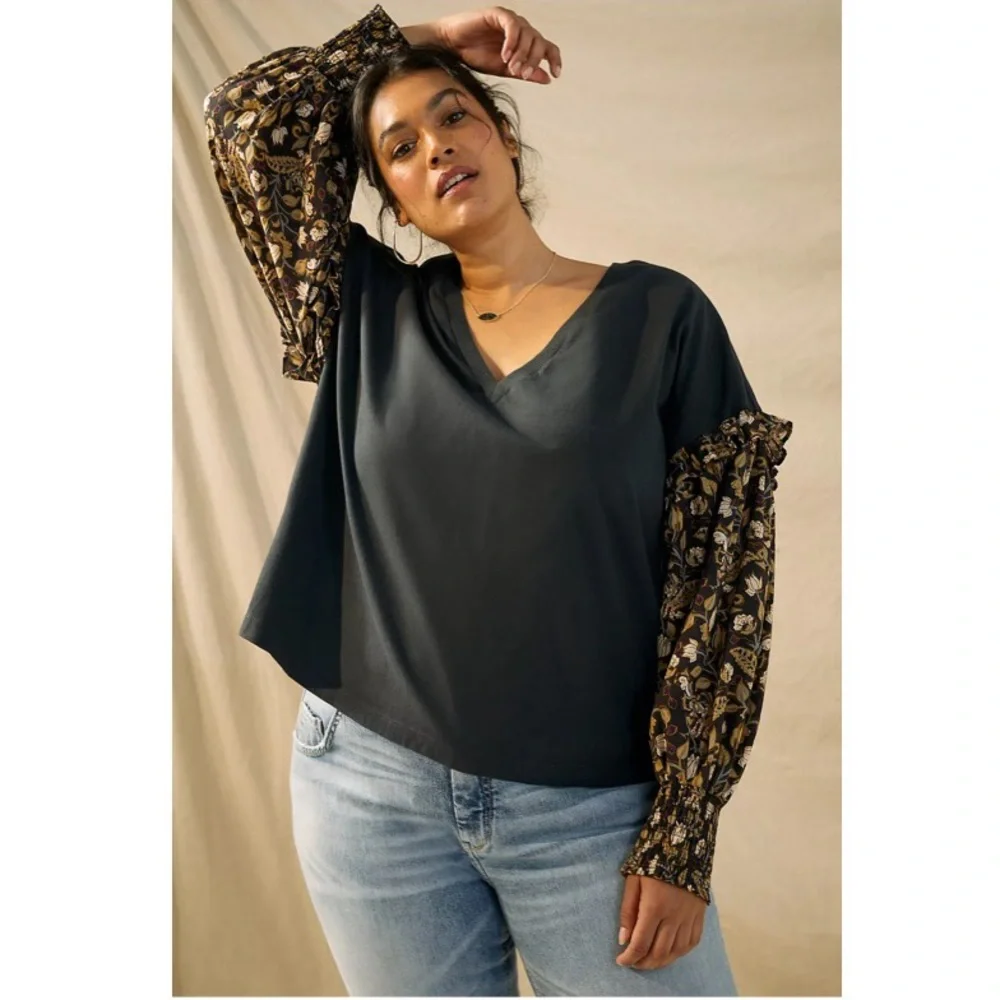 Anthropologie Plus Let Me Be Sydney Long Puff-Sleeved Black Floral Blouse Top 1X - Picture 7 of 16
